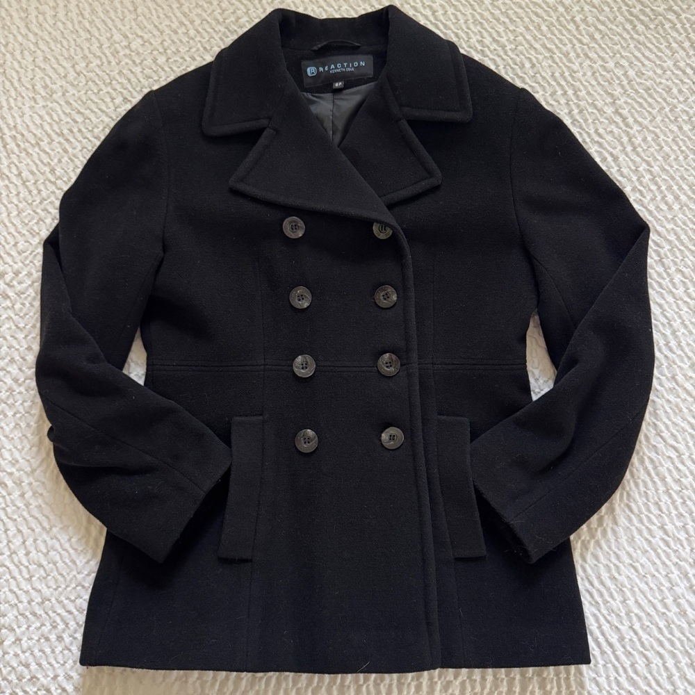 Kenneth Cole Reaction 💯% Wool Black Double-Breasted Pea Coat, Size 6P